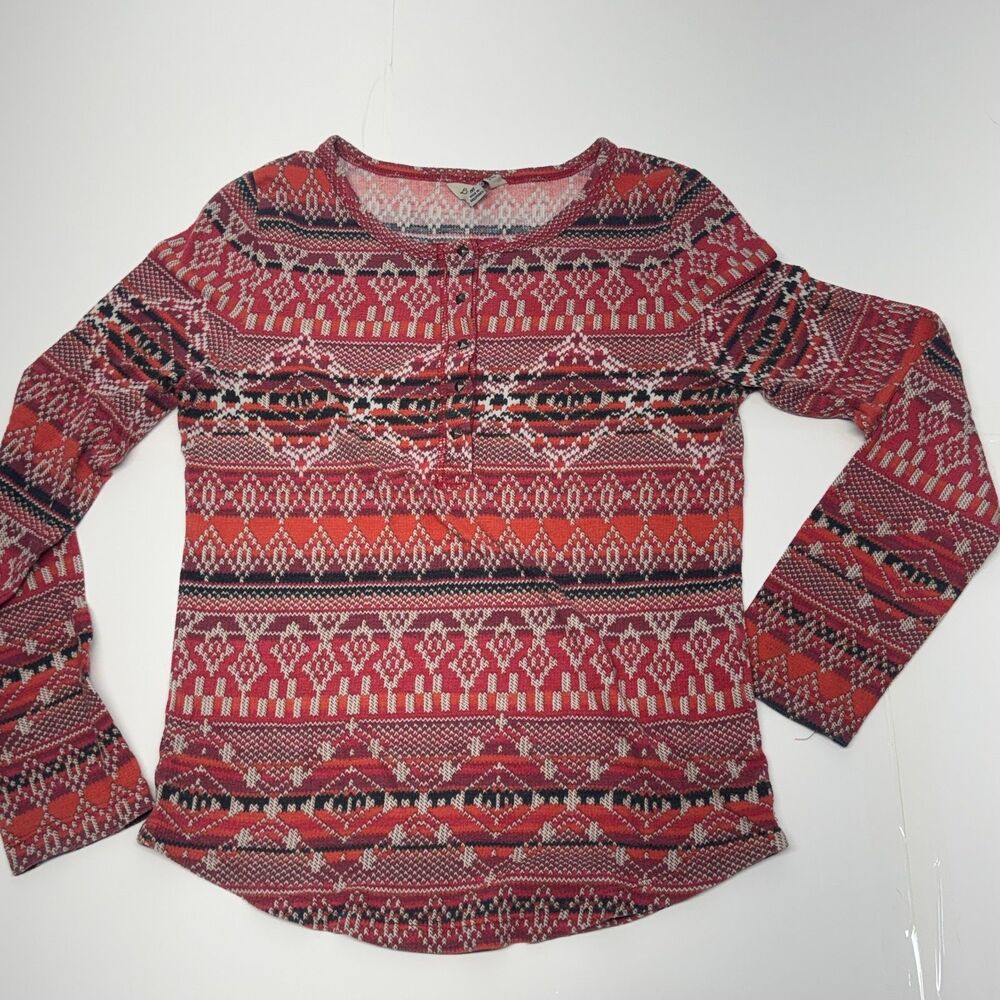 Lucky Brand Red Geometric Fair Isle Henley Top M Pyramid Stud Accents Boho